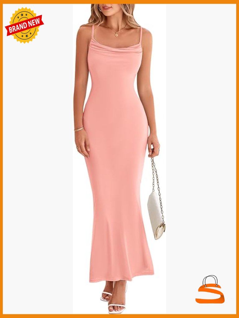 Spaghetti Strap Cowl Neck Maxi Dress Bodycon Sleeveless Stretch Long Dress For